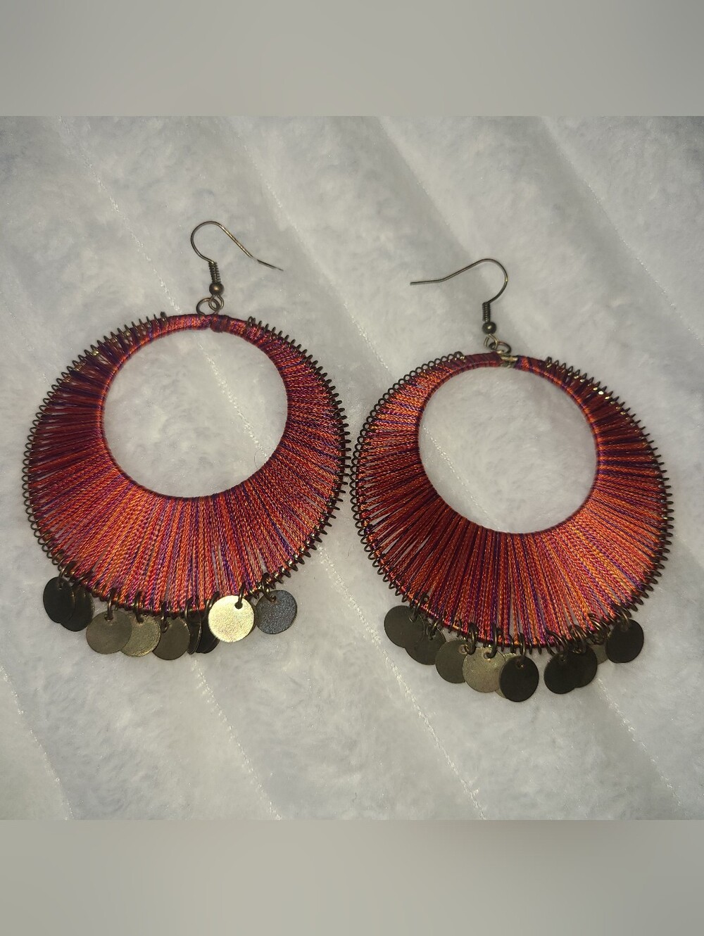 Thread-Wrapped Red Purple Orange Hoop Earrings with Gold Discs